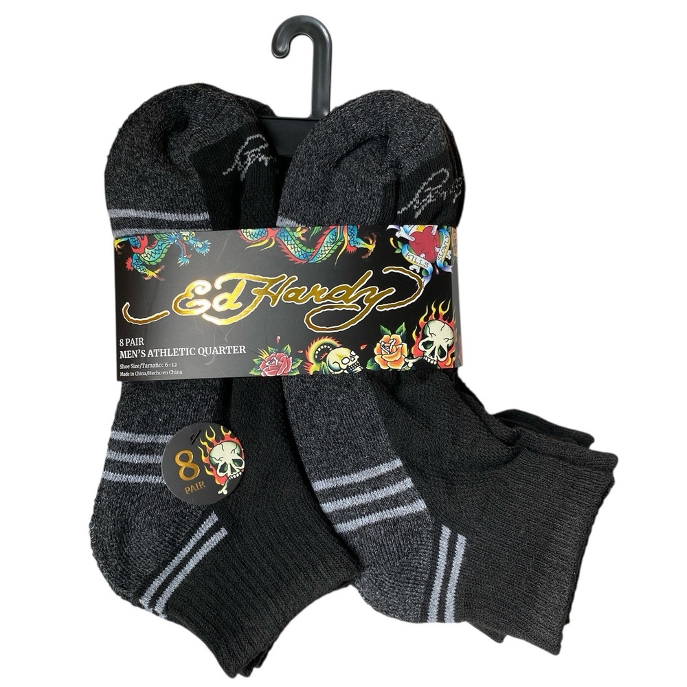 Ed Hardy 8-Pair Men's Athletic Quarter Socks  Black/Gray Moisture Wicking NWT